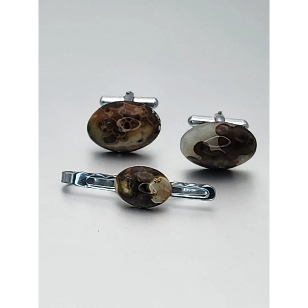 Vtg AGATE W/ FOSSILS‎ Cabochon Men's Tie Bar Clip & Cufflinks Set FREE $HIPPING!